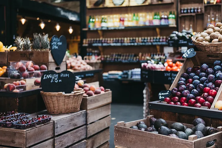 Display of fruit and vegetables in a store